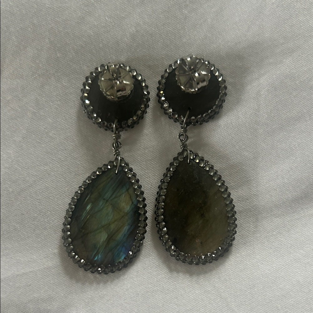 Roni Blanshay Labradorite Teardrop Dangle Earrings - Gunmetal Setting - Picture 3 of 3